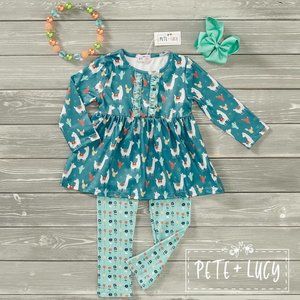 Girls 2T Floral Llama Aqua Blue 2 Piece Pants Set By Pete + Lucy Boutique